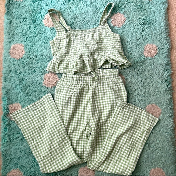 American Eagle Outfitters Pants - American Eagle Women SET Crop Top Pants Shirt Ruffle Gingham Green White Tie